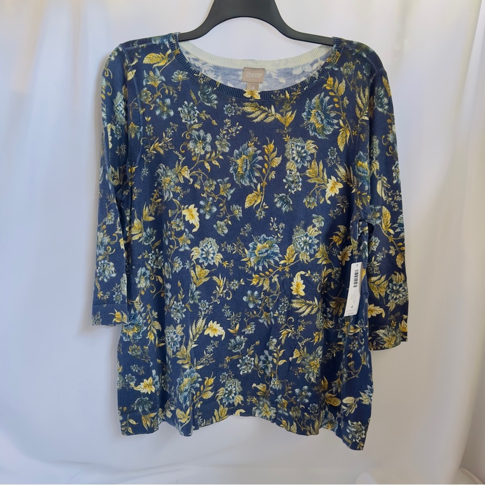 NWT Chico's Joyce Bloom Boat Neck 3 QTR Pullover Sweater SZ 4 or 2XL Multi Color